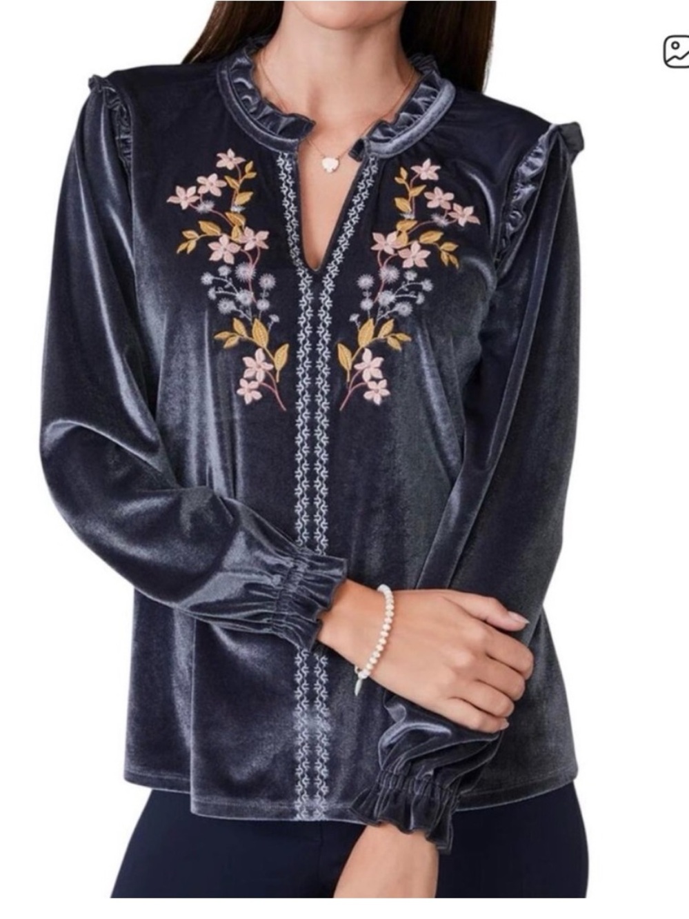 Spartina 449 Malicha Velvet Blouse with Floral Embroidery - Dark Gray Sz XS